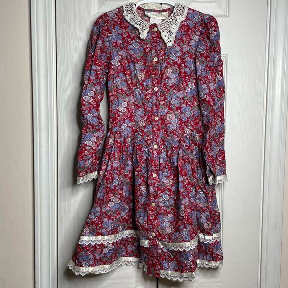 Gunne Sax by Jessica McClintock Girl's Victorian Prairie Dress Red Floral Size 7 - Picture 1 of 12
